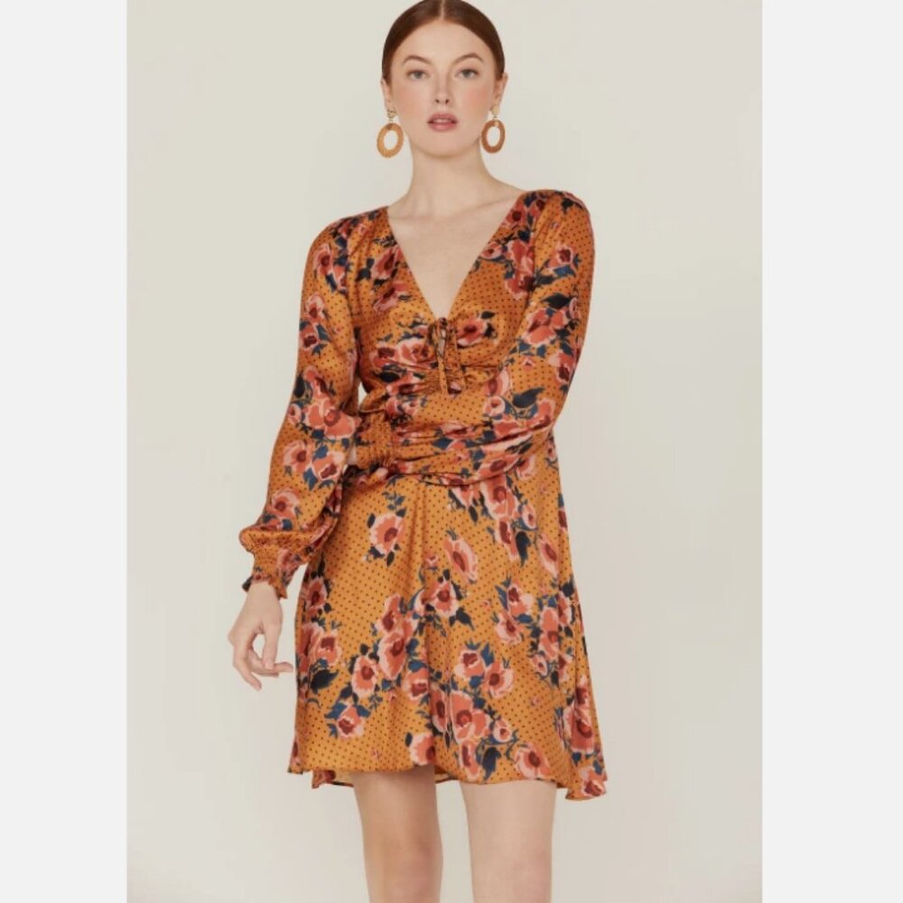 Beyond the Radar Morning‎ Light Golden Yellow Print Long Sleeve Mini Dress Large